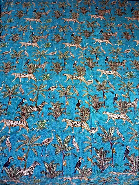1 PC Indian Handmade Quilt Jungle kantha Bedspread throw Cotton Blanket Gudri