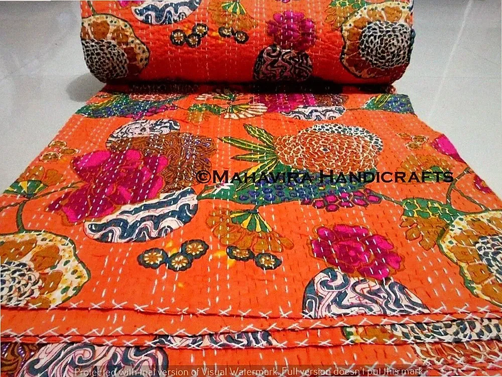 Fruit Print Pure Cotton Orange Kantha Quilt Coverlet Twin Boho Size Bedspread