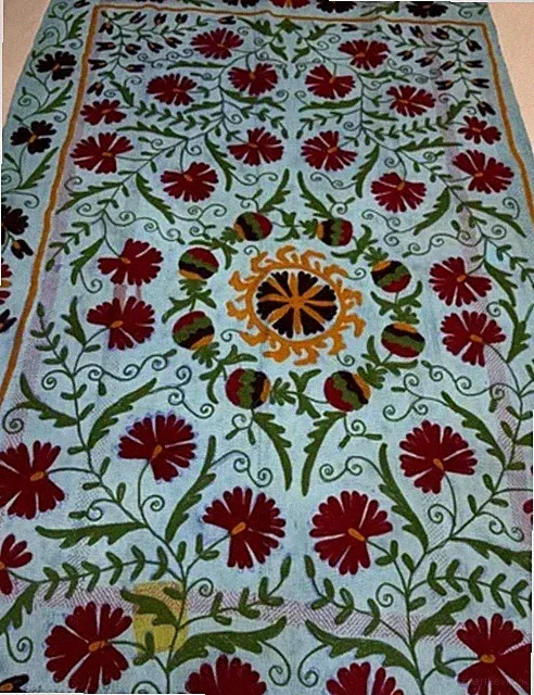 Handmade Suzani Embroidered Tablecloth Floral Cotton Throw Bedspread
